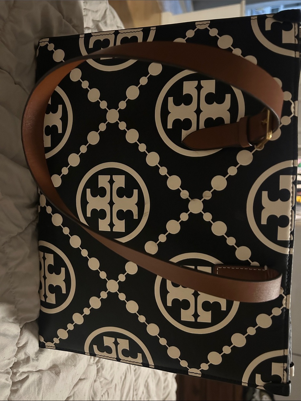 Tory Burch Black and White Logo Canvas Messenger with Brown Leather Strap